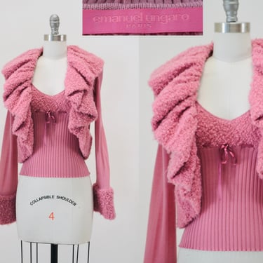 90s 2000s Vintage Emanuel Ungaro Paris Pink Ruffle Cardigan Sweater Set Pink Boucle Jacket Small // Y2k Vintage Pink Designer Sweater Cami 