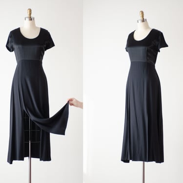 flowy black dress | 90s vintage minimalist black satin high slit goth flowy midi dress 