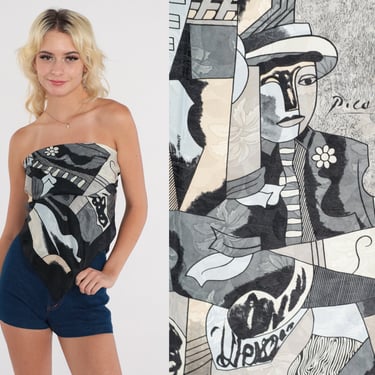 Vintage Picasso Scarf 80s Cubist Pablo Picasso Art Scarf Top Sleeveless Scarf Shirt Black White Hippie Bohemian 35