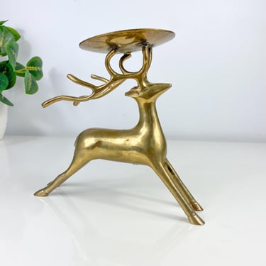 Vintage Brass Christmas Reindeer Candle Holder, Brass Deer Figurine, Vintage Christmas Deer, Old Knick Knack, MCM Holiday Decor, Santa Claus 