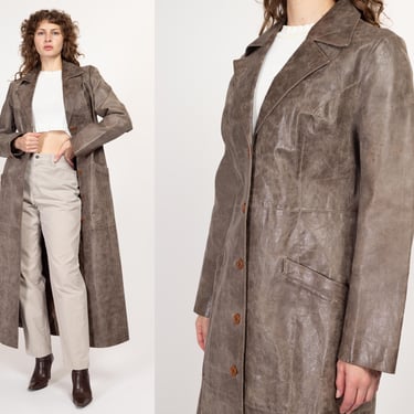 Medium 90s Faded Taupe Leather Trench Coat Size 10 | Vintage Button Up Long Maxi Duster Jacket 