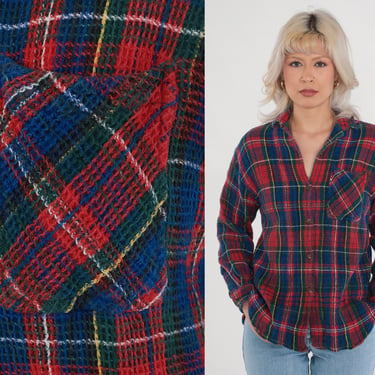 Textured Plaid Blouse 90s Button Up Shirt Blue Red Checkered Print Long Sleeve Top Collared Flannel Shirt Retro 1990s Vintage Cotton Small S 