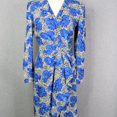 Carolina Herrera - CH - 1980-90s - Silk Dress - Blue Poppy - Floral - Marked Size 8 - For Neiman Marcus 