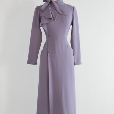 Chic 1970's Nina Ricci Dove Grey Wool Crepe 1940's Style Dress / Small