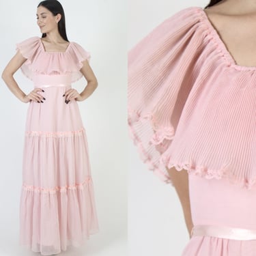Candi Jones Off The Shoulder Barbiecore Dress Long Rustic Bridesmaids Gown 70s Boho Renaissance Festival Maxi Sundress 