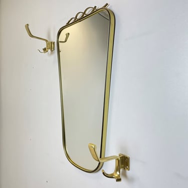 Mid Century asymmetric German brass Original kidney wall mirror with 2 brass hangers, 1960s 