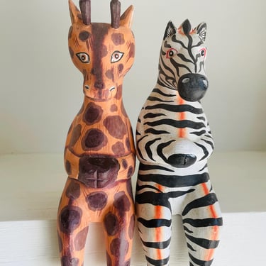 Vintage Pair (2) Wood Carved Hand Painted Shelf Sitting Giraffe and Zebra from Indonesia 