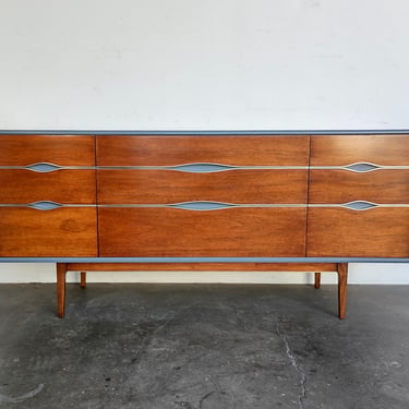 Mid-Century Mahogany and Gray-Blue Painted Lowboy Dresser 