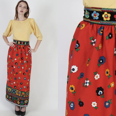 70s Renaissance Style Velvet Floral Skirt / Colorful Embroidered High Waistband / Pencil Column Long Maxi 