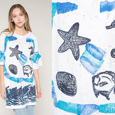 Under The Sea Shirt 90s Painted Tropical Fish T-Shirt Starfish Seahorse Shell Stamp Paint Graphic Tee Ocean White Blue Vintage 1990s 2xl xxl 