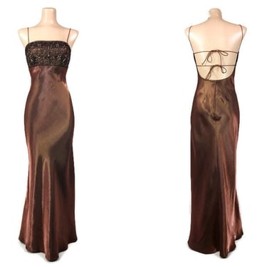 VINTAGE 90s Bronze Metallic Iridescent Open Back Evening Dress by Morgan and Co. 7/8 | 1990s Bias Prom Gown | Party Slip Dress | VFG 