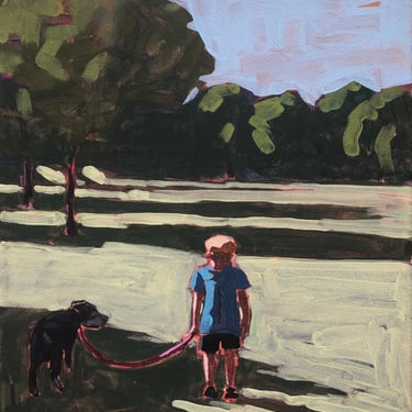 RESERVED - Boy and dog in field - Original Acrylic Painting on Canvas 12 x 16, 