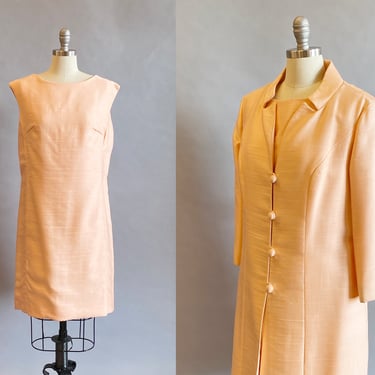 1960s Dress Set / Pale Coral Sheath Dress With Matching Coat / Mother of the Bride Dress / Size XL Extra Large 