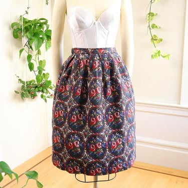 Vintage 1950s Skirt | 50s Metallic Rose Tapestry Brocade Cotton Navy Blue Red Swing Cocktail Party Everyday Skirt | x-small 