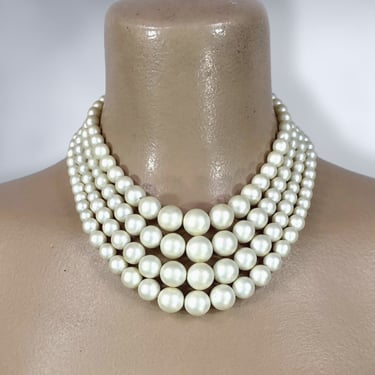 VINTAGE 50s Faux Pearl Graduated Beaded 4 Strand Necklace JAPAN | 1950s Mid Century Long Bauble Bib Necklace | VFG 