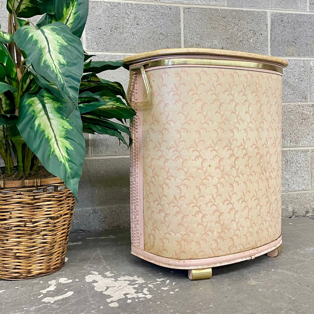 Vtg 1970s Round Wicker Woven Vinyl Hamper Laundry Basket Minimalist Mid outlet Century Retro Bathroom Clothing