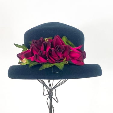 1990s Black Wool Hat | 90s Black & Red Flower Hat  | STUDIO KOKKIN N.Y. 