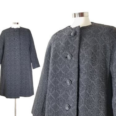 Vintage Boucle Wool Coat, Large, 1960s Dark Gray Trapeze Coat, Dressy Winter Swing Coat, Warm Winter Overcoat 