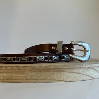 Vintage Fossil Brown Genuine Leather Celestial Sun Studded Belt Size Small 