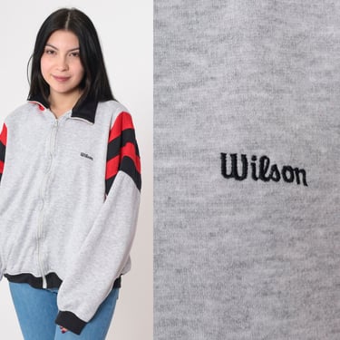 Wilson Zip Up Sweatshirt 80s Track Jacket Grey Striped Red Black Warmup 1980s Athletic 90s Vintage Extra Large xl 