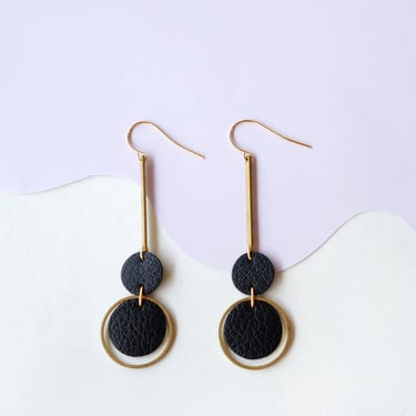 Orbit Earrings -Black Leather Statement earrings - Layered Brass and Reclaimed Leather Circles 