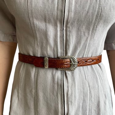 Vintage 90s Womens Silver Creek Brown Leather Tooled Western Cowgirl Belt Sz 28 