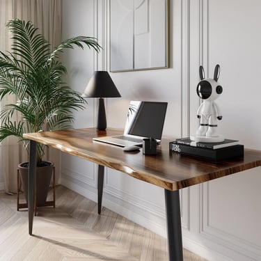 Live-Edge Walnut Color Computer Desk | Mid-Modern Style Pin Legs | Solid Acacia Wood Desktop | Modern Rustic Minimalist Style Table | UMBUZO 