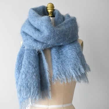 vintage blue mohair wrap, oversized wool blanket scarf 
