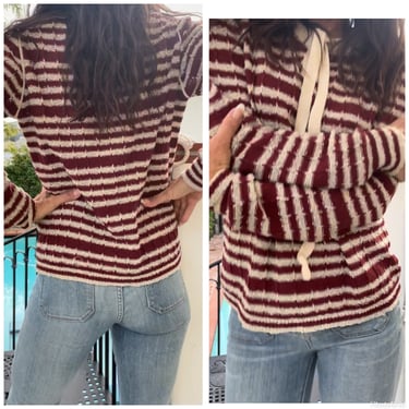 70s Striped Adorable Knit Sweater Pullover brown & white  S M 