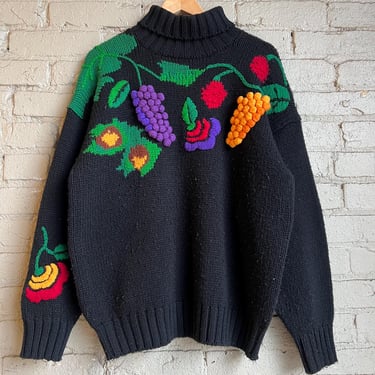 Med, Vintage 1980s Chunky Grape Turtle Neck Sweater, Black, Outlander 