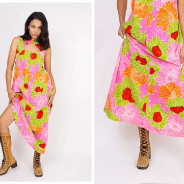 Vintage 1970s 70s Hawaiian Technicolor Floral Print Shift Style Column Trapeze Gown Maxi Dress 