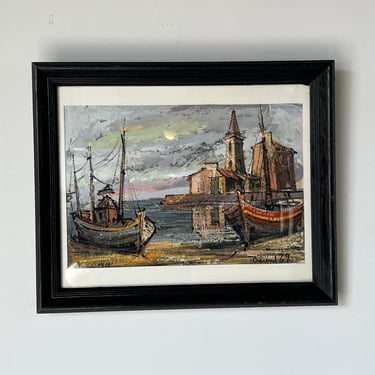 1960's Vintage Daniel Harbor Scene Boat & Fishing Oil Painting 
