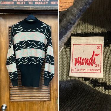 Vintage 1980’s Pink x Black “Mondi” Label Border New Wave Sweater with Big Knit Rib Detail, 80’s Vintage Clothing 