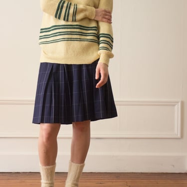 1980s Navy Windowpane Check Pleated Skirt 