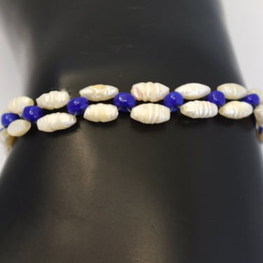 60's rice pearl glass beads 925 sterling silver clasp boho bracelet, white & blue stacking bracelet 