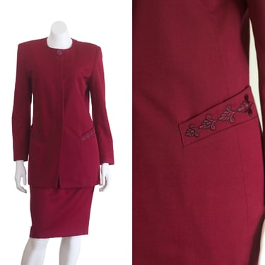 1990s cranberry skirt suit with long blazer 