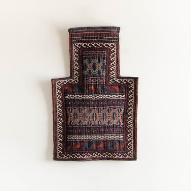 Vintage Salt Bag Geometric Animal Design Blue Red Small Wall Hanging Handwoven Soumak Wool Tribal Salt Bag 1960s 