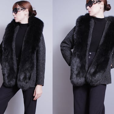 Vintage | 1950's | Beautiful | Engel Fetzer | Gray and Black | Plaid | Wool | Coat | Large Fur Collar | Jacket | SML 