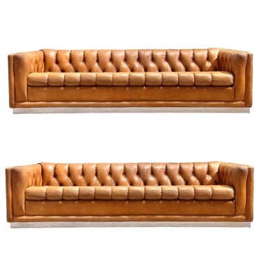 Mid-Century Modern Leather Chesterfield Sofa Pair on Chrome Bases