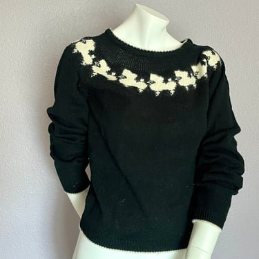 Poodles Sweater, Vintage Pull Over, Black and White Pattern, Fuzzy Knit, Vintage 70s 80s 
