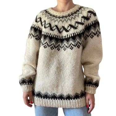 Vintage Mens Icelandic Hand Knit Gray Wool Fair Isle Oversized Sweater Sz L 