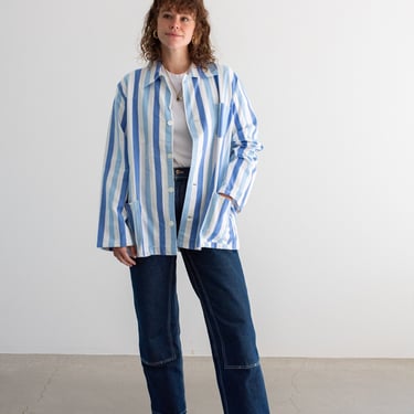 Vintage Blue White Striped Shirt Jacket | Unisex Flannel Stripe Cotton Pajama Chore Shop | L | SJ027 