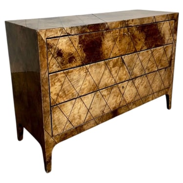 Aldo Tura Lacquered Goatskin w/brass Inlay 3 Drawer Dresser, Italy 1970