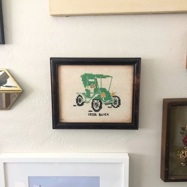 1908 Buick Cross Stitch Wall Decor, Vintage Framed Cross Stitch Art, 1908 Buick Car Stitched Art, Bohemian Eclectic Art by Mo