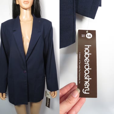 Vintage 80s Deadstock Classic Navy Blue Linen Feel One Button Blazer Made In USA Size 14 L 