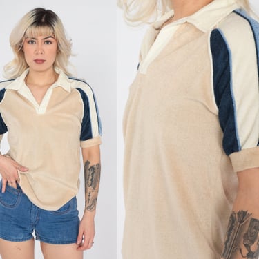 70s Terry Cloth Shirt Beige Blue Striped Raglan 1970s Tan Shirt Retro Buttonless Polo Vintage Boho Shirt Short Sleeve Collared Shirt Medium 