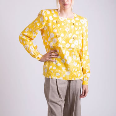 Vintage VALENTINO 1990s Yellow Linen Floral Double Layered Blouse with Structured Shoulders sz S M FR42 Miss V 