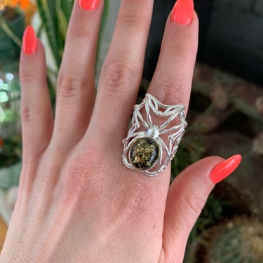 Big Amber Sterling Spider Ring