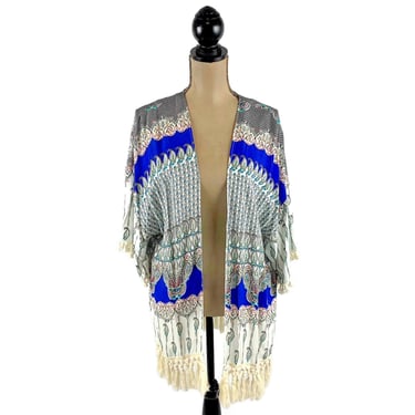 Boho Duster with Fringe, Rayon Kimono Cardigan, Open Front Jacket, Lightweight Loose Flowy, Hippie Bohemian Summer Clothes Festival Clothing 