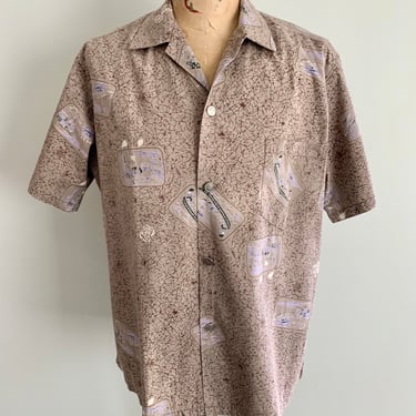 The Kahala for Liberty House Waikiki beige with brown and white subtle scenic prints design 1950s Hawaiian shirt-size L 